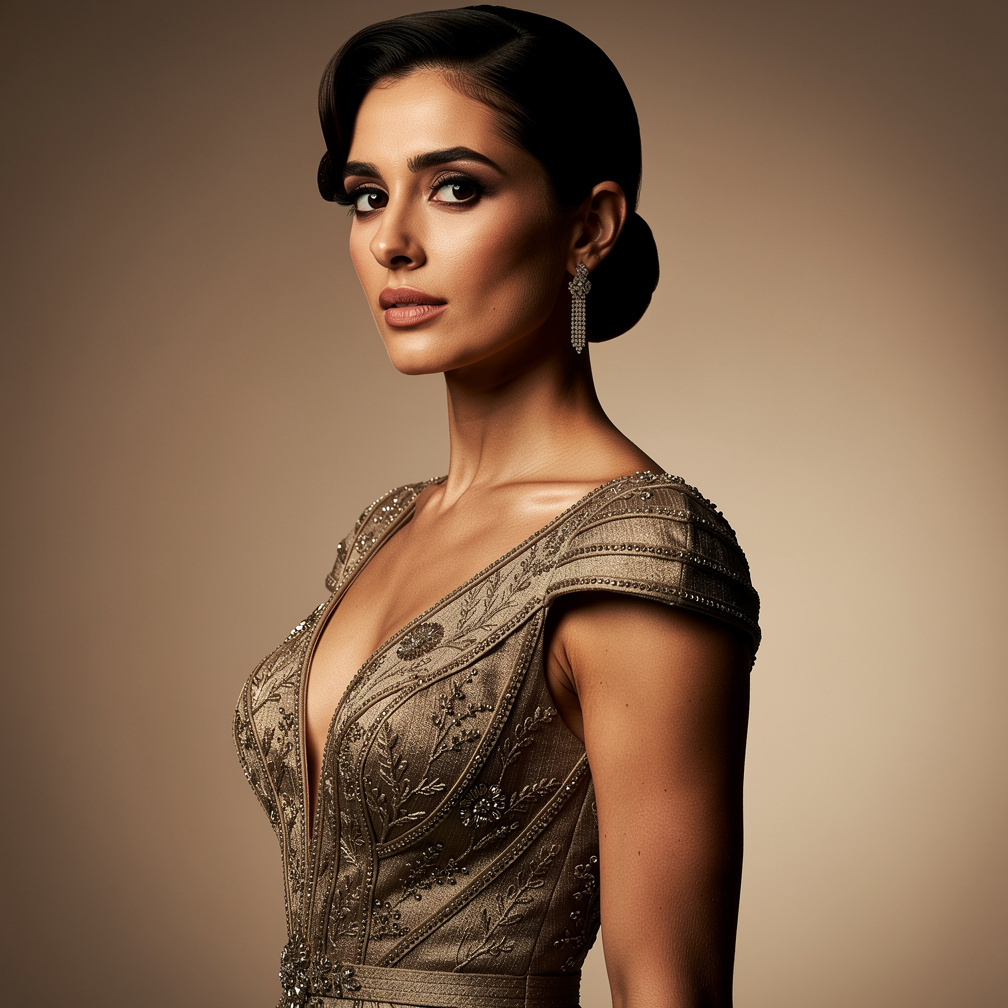 Studio portrait of an elegant Argentine actress in vintage couture